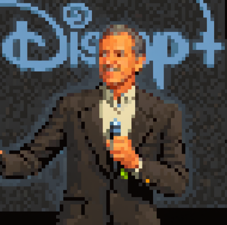 Pixel Art of Bob Iger in front of a Disney Plus logo