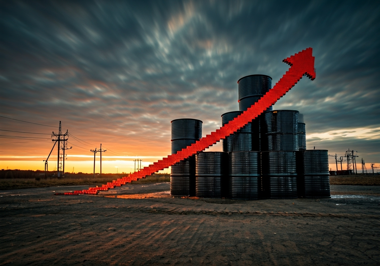 Oil barrels and an arrow going up