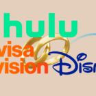 the logos of Televisa Univision, Hulu, and Disney Plus, with a wedding band on the background