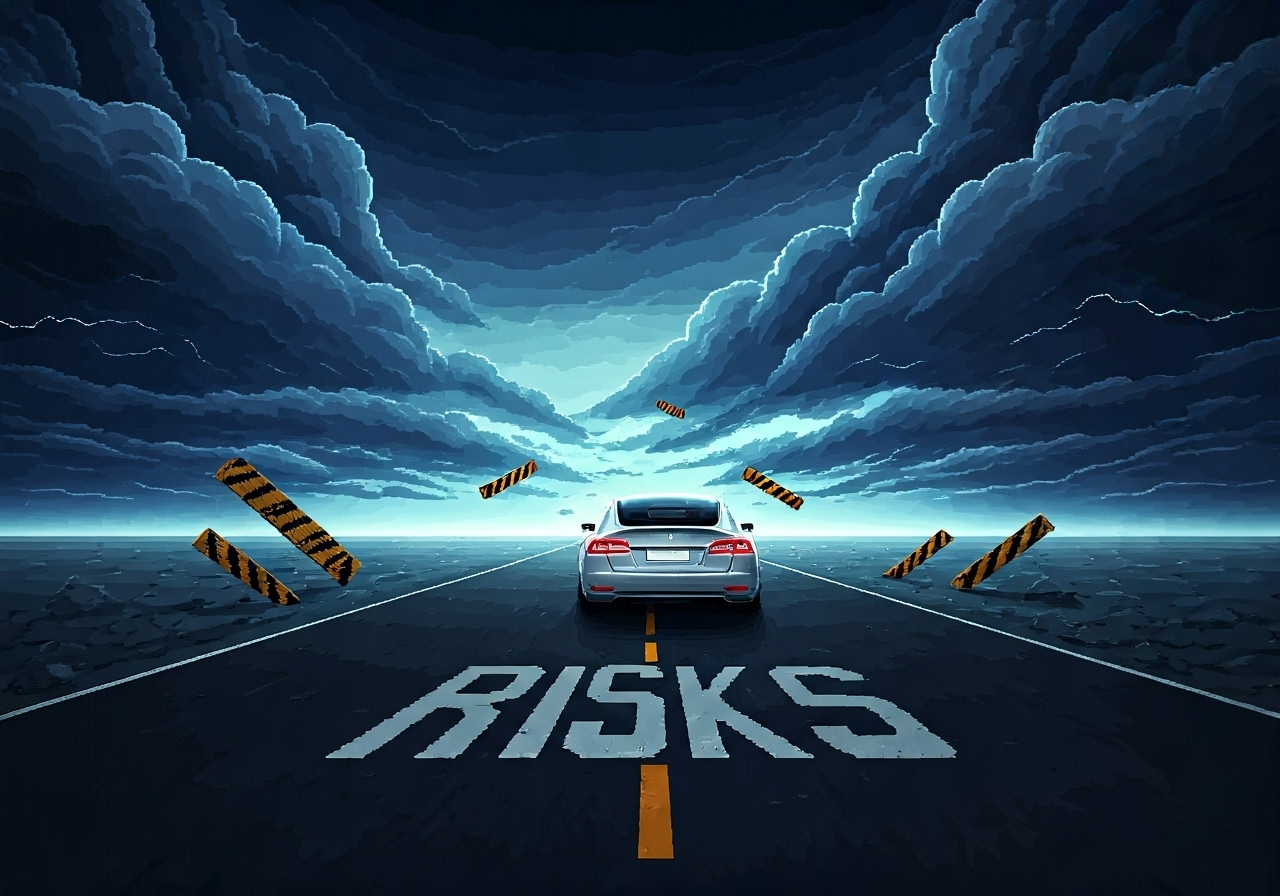 A car driving over a road with RISK written over it while a stom lurks over the horizon