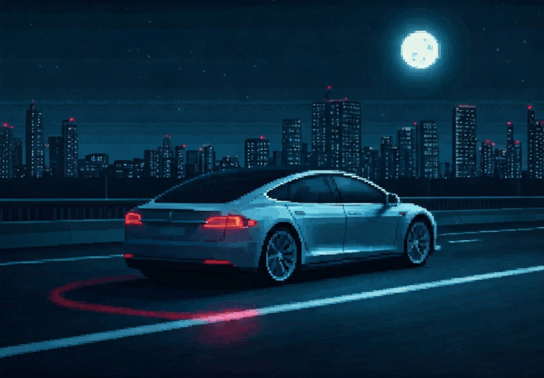 A car driging at night with a city over the horizon